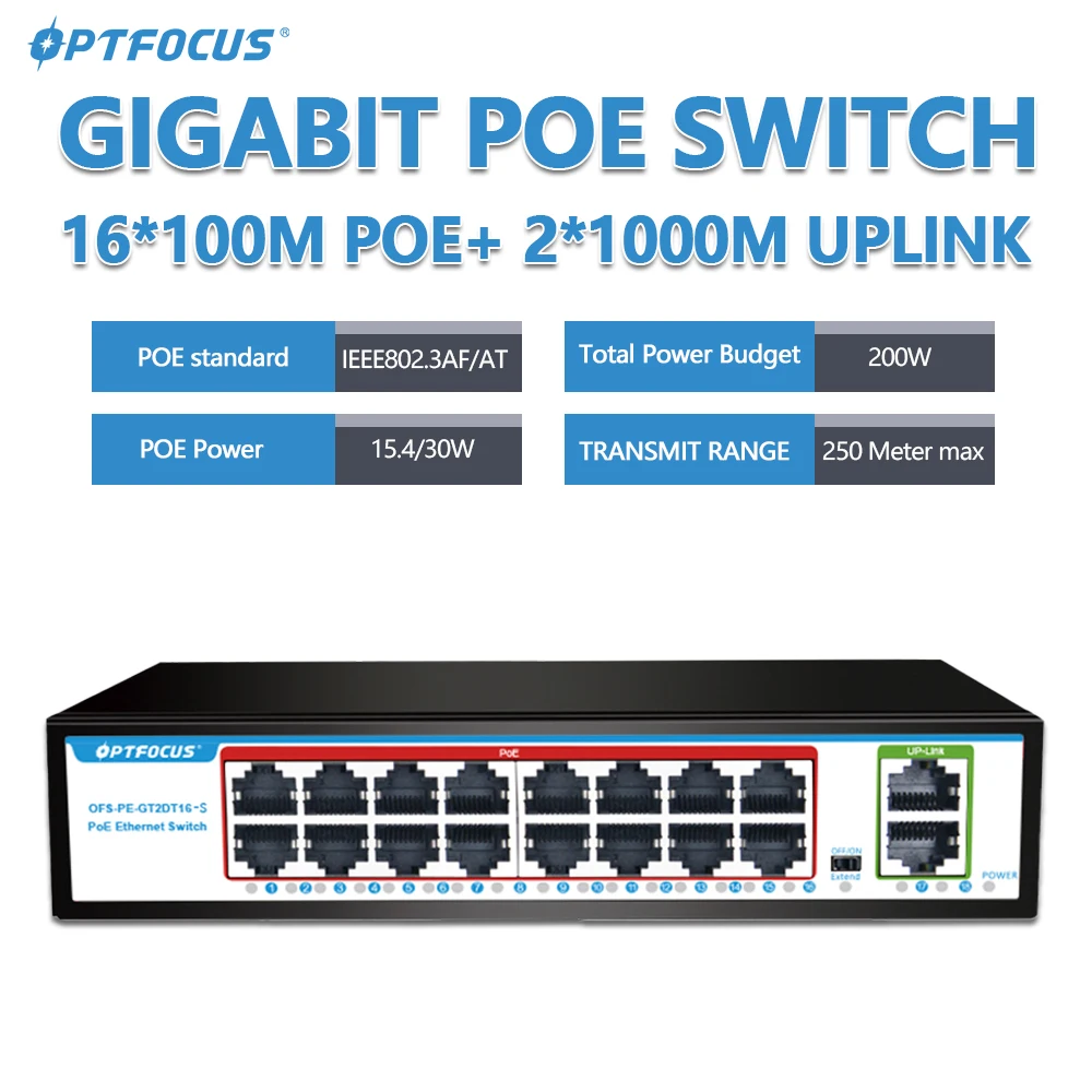 OPTFOCUS 1000M GIGABIT POE Switch 16 portów PoE 48V 15W 30W 802.3af 802.3at Ethernet hub splitter Active Ethernet do kamery CCTV