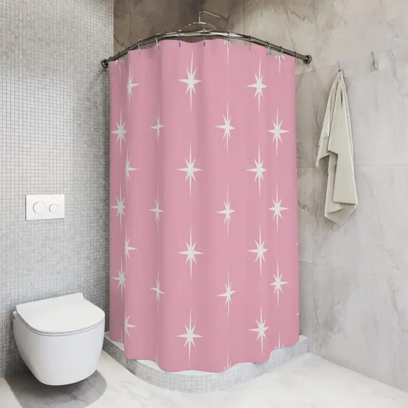 50s Retro Mid Century Modern Atomic Starburst Shower Curtains in Vintage Pink and White