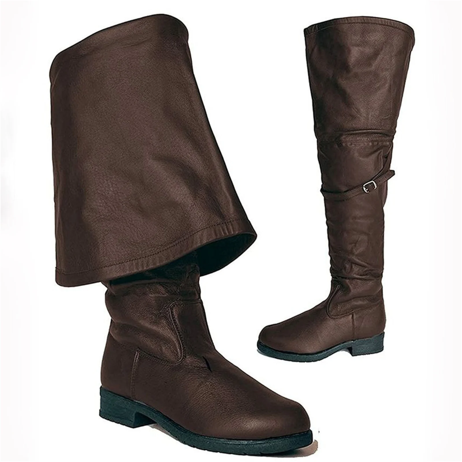 Carnival Pirate Boots Man Captain Viking Warrior Turn-Down Tall Boots Reversible with Belt Buckles Halloween Cosplay Shoes
