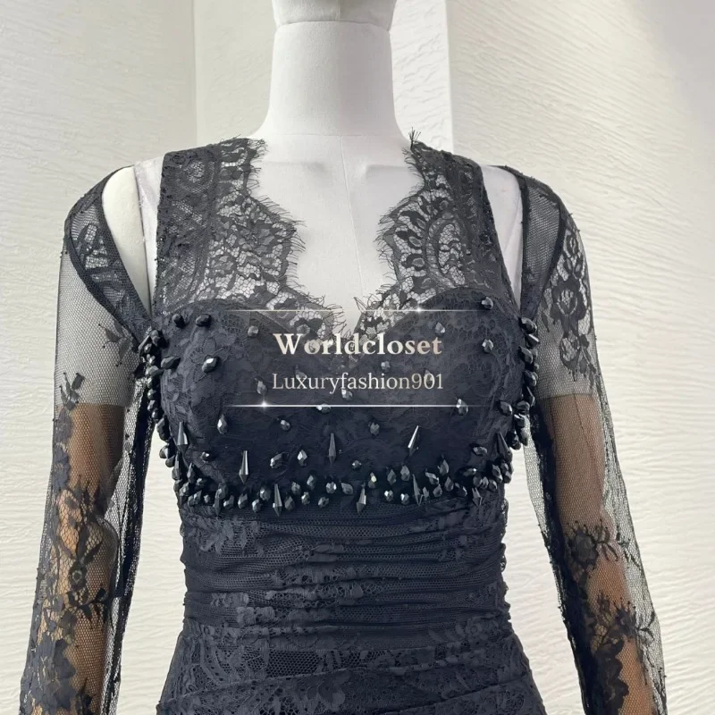 Women's Good Guality Black Diamonds Lace Patchwork Long Sleeve Cut Out Maxi Dress