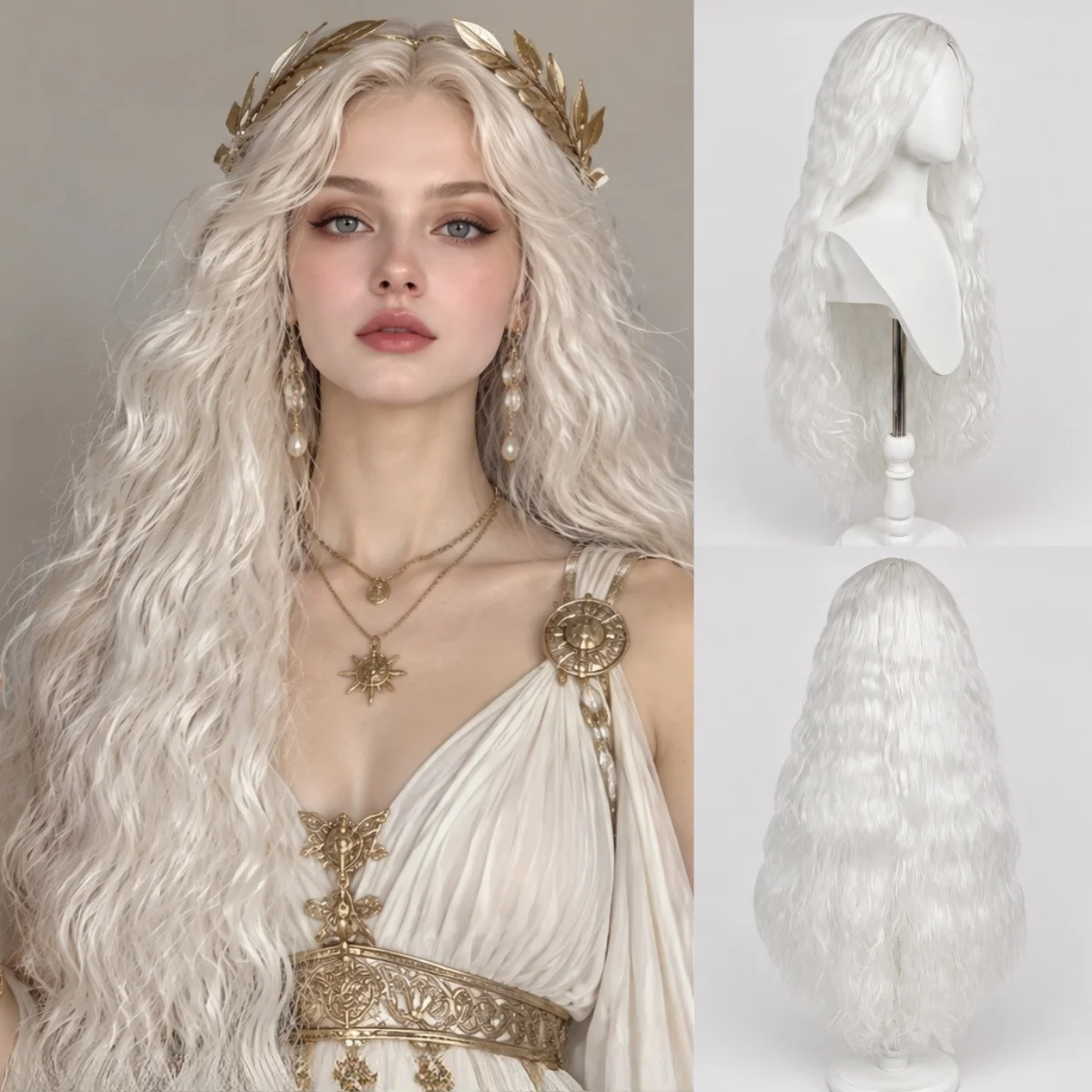 REEWES 40-inch White Long Wavy Synthetic Wig for Women Halloween Cosplay High-Fidelity Atina Anime Character Heat Resistance
