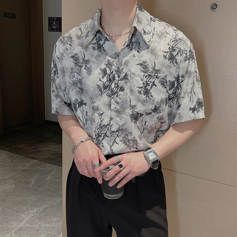 

Chinese Style Printed Shirt Men Short Sleeve Loose Casual Shirts Men's Oversized Shirt Fashion Streetwear Hawaiian Shirt Summer