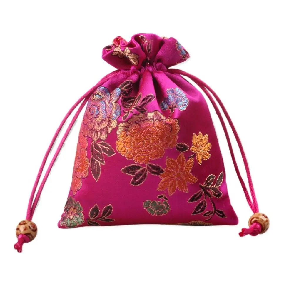 Bolsa con cordón de flores con bordado Floral, monedero de estilo chino, bolsa de embalaje de joyería, bolso de muñeca Hanfu de estilo étnico, cartera pequeña