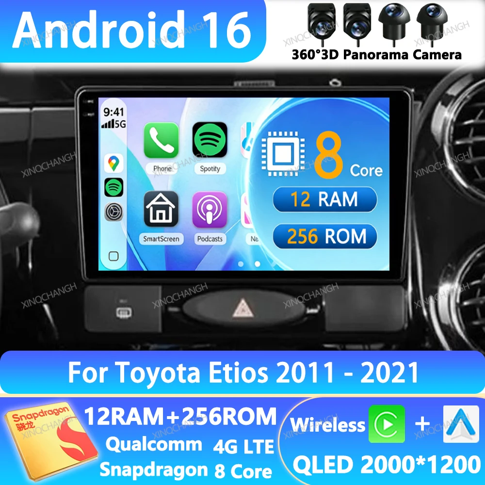 Radio para Auto Android 16 para Toyota Etios 2011-2021, Reproductor Multimedia QLED, 4G WIFI, Qualcomm, Unidad Principal 2DIN, Navegación GPS, Bluetooth