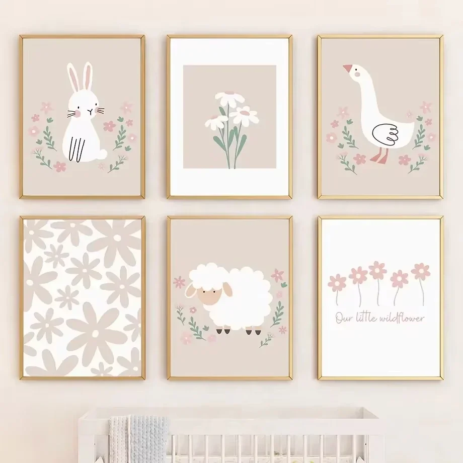 

Cartoon Rabbit Goose Sheep Flower Nursery Wall Art Oil Painting Nordic Poster Printing Baby Room Home Decoration Wall Picture