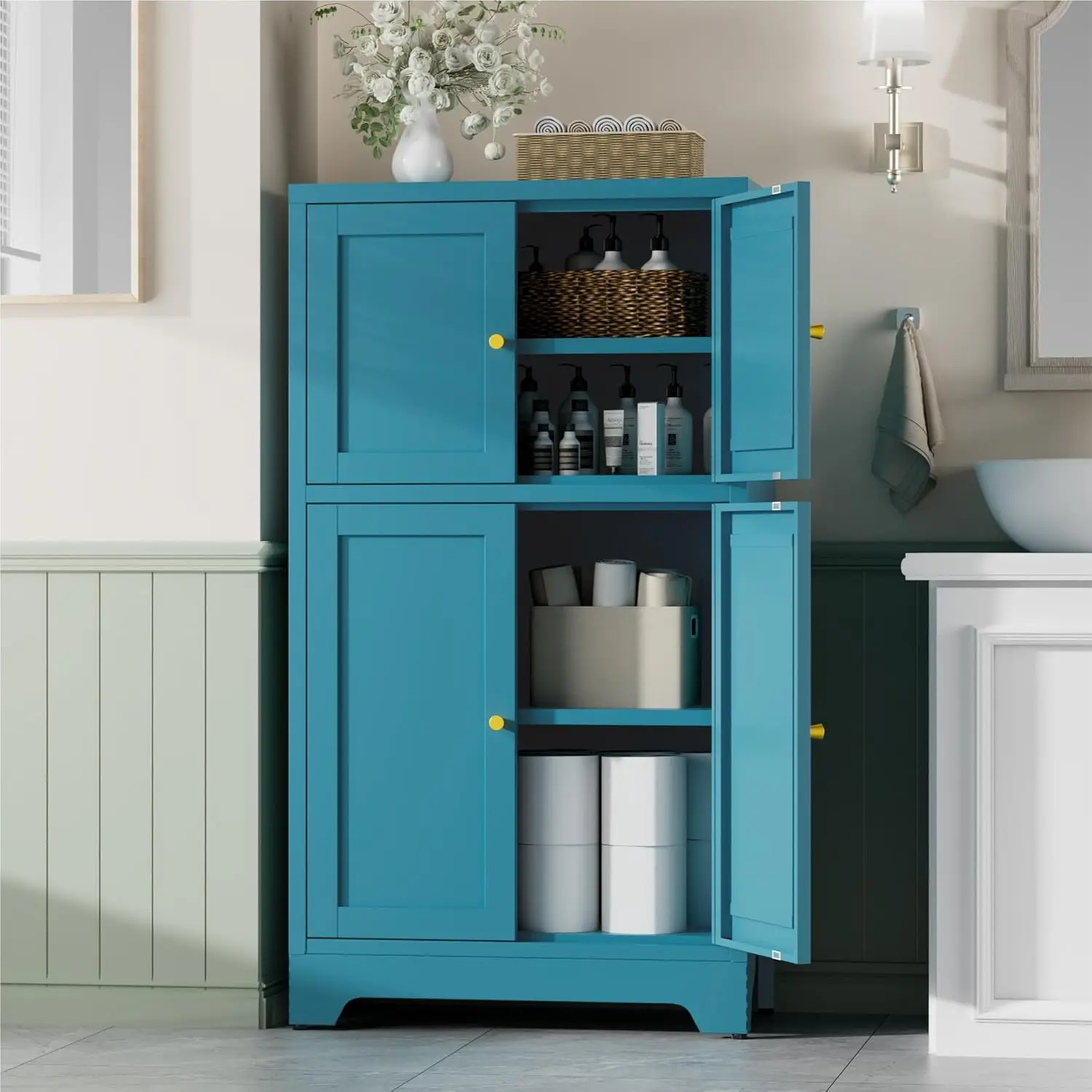

Blue Metal Storage Cabinet 4 Door 2 Adjustable Shelves Freestanding Bathroom Kitchen Living Room 43in H, Customized