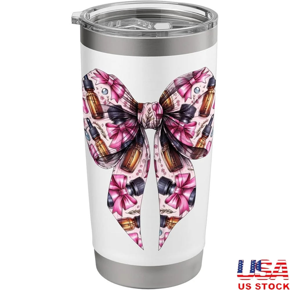 

Coquette Bow Insulated Tumbler with Essential Oil Bottle Pattern Pink Ribbon Design Leak Proof Lid Mothers Day Gifts