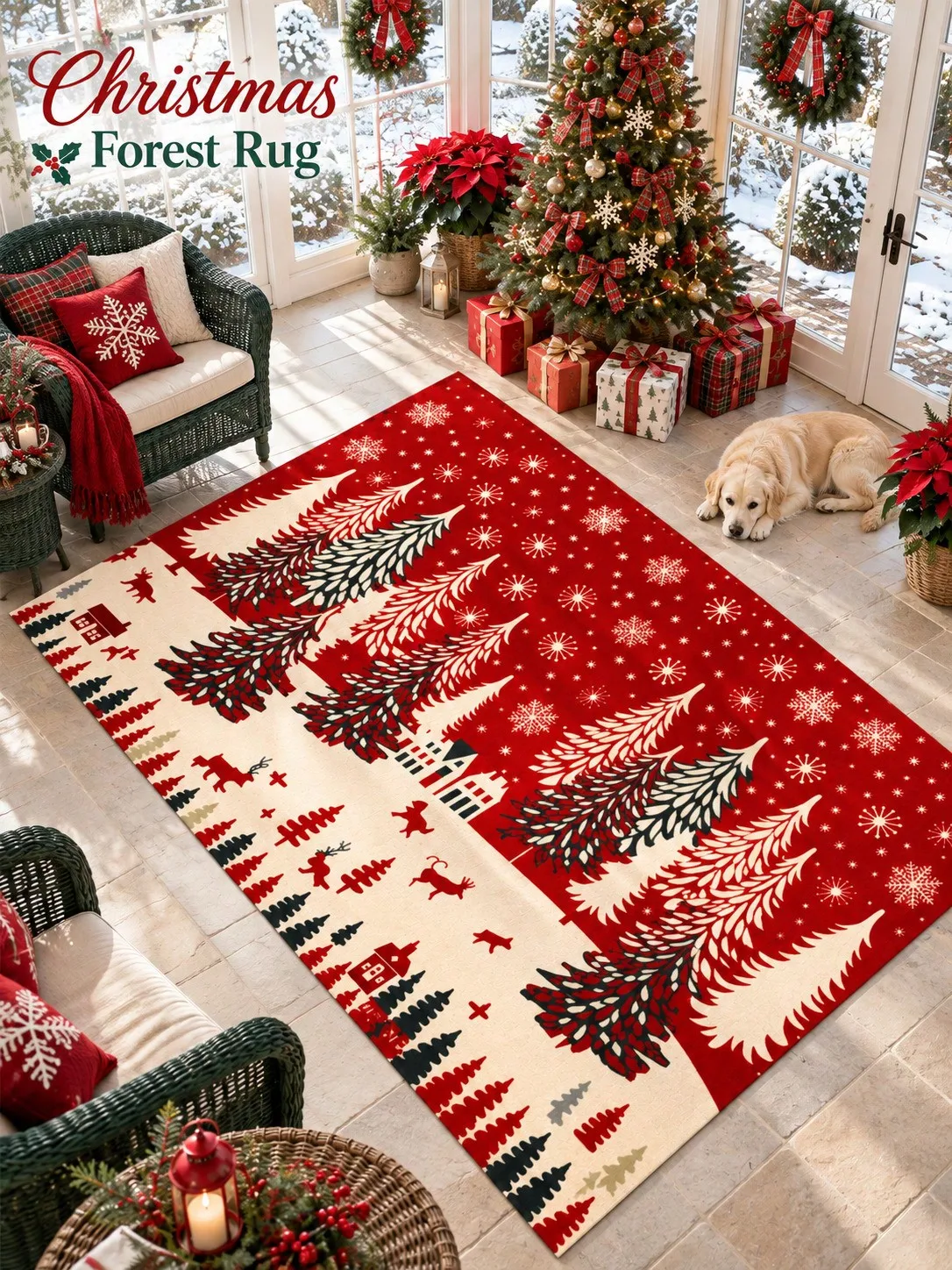 Christmas Rug Forest Village Deer Snowflakes Floor Decor Carpet Living Room Bedroom Dining Area Entryway Apartment Cabin Winter Home Accent Beside Sofa Coffee Table Housewarming Birthday Gift for Family Friends Neighbors Homeowners Holiday Gatherings