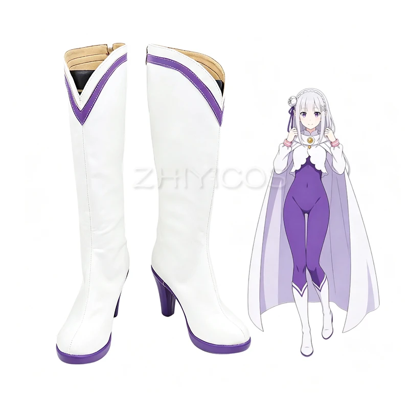 ZHIYICOS Re Zero Emilia Cosplay Boots Cape Combat Version White Purple Mid-Calf PU Leather Costume Shoes for Halloween Party