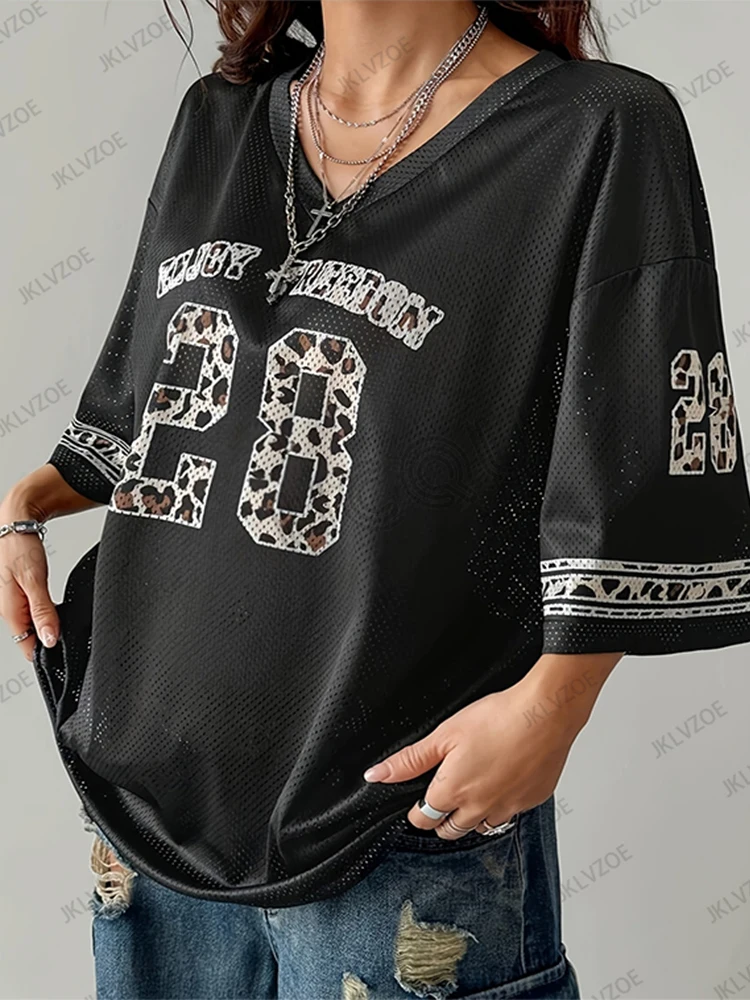 Oversized T-shirt For Women V-Neck Short Sleeve Summer Black Enjoy Freedom 28 Leopard Print Casual Tees Football Jersey Y2k Tops