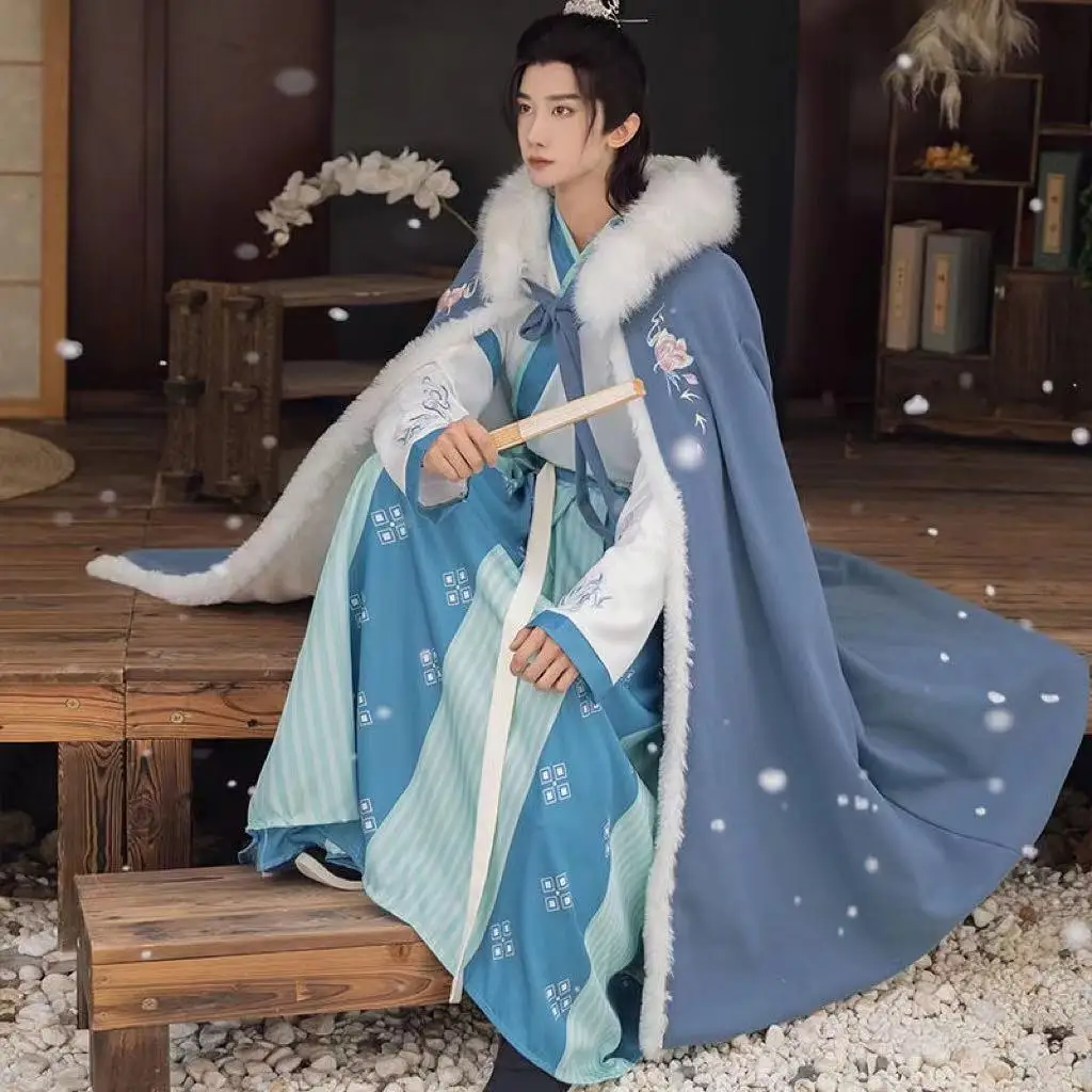 Tradicional vintage inverno dragão hanfu manto grande gola de pele engrossar manto de pelúcia antigo traje das mulheres dos homens roupas cosplay