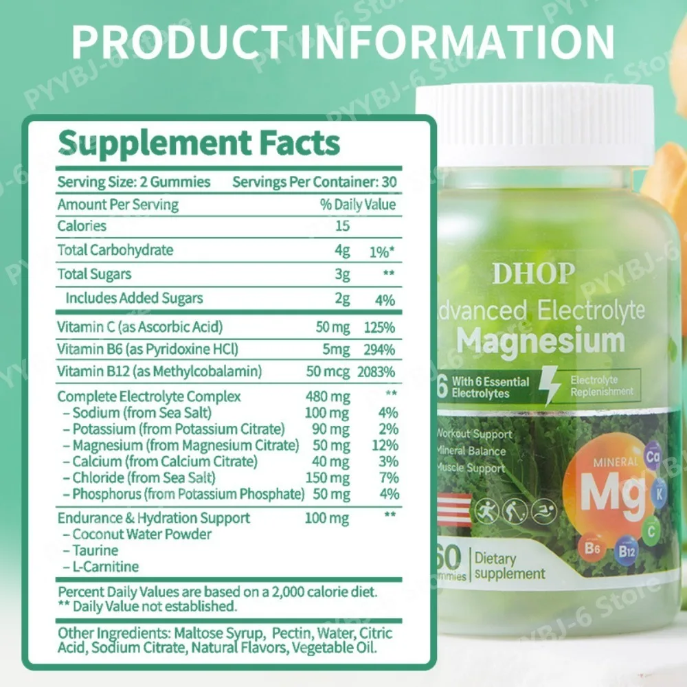 DHOP Advanced Electrolyte Magnesium Gummies with Vitamins C, B6 & B12, 6 Electrolytes for Workout & Muscle Support, 60 Gummies