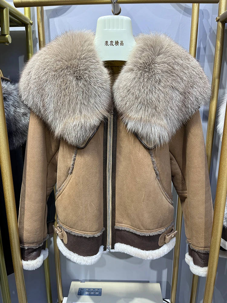 2024 Winter Women Real Fox Fur Collar Natural Merino Sheep Fur Coat Genuine Leather Jacket Thick Warm Luxury Female Coats