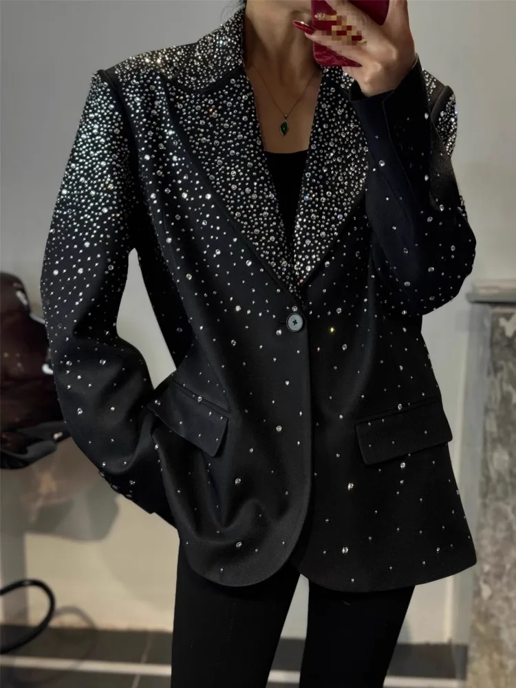 Giacca da abito da donna da ufficio primaverile Moda vestibilità ampia con diamanti Design Blazer neri Top manica lunga Nuove donne Capispalla elegante