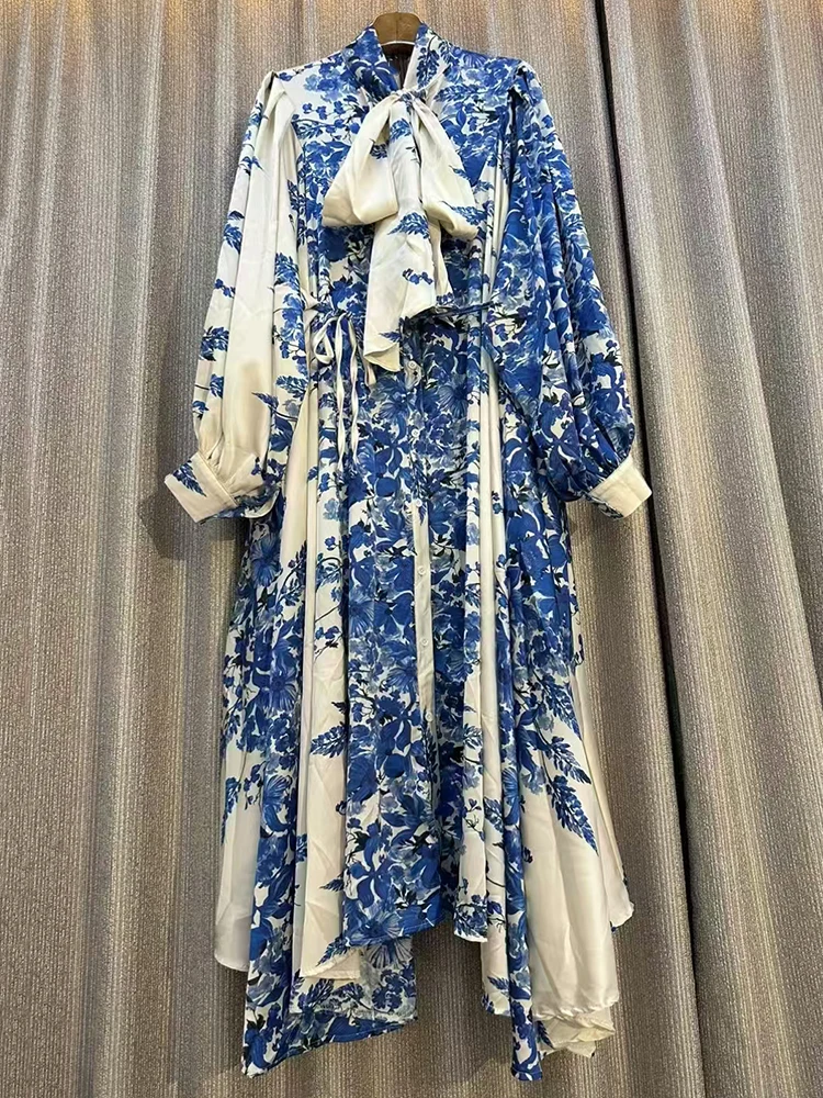 Retro geometric printed bow collar single-breasted long-sleeved dress 2025 autumn women's fashion loose irregular puffy dress