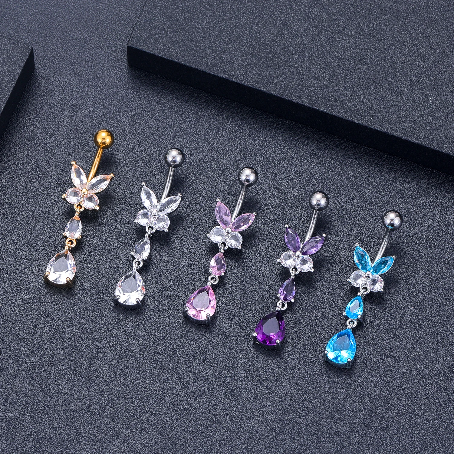 Surgical Steel Green Flower Zircon Belly Button Rings Butterfly Water Droplets Dangled Navel Ring Piercing Nombril Body Jewelry