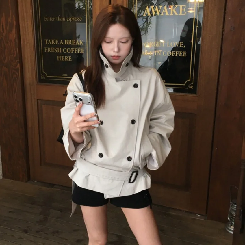 Korean Style Double Row Button Coat Autumn Winter New Arrival Elegant Waist Belt Casual Style Women's Windbreaker