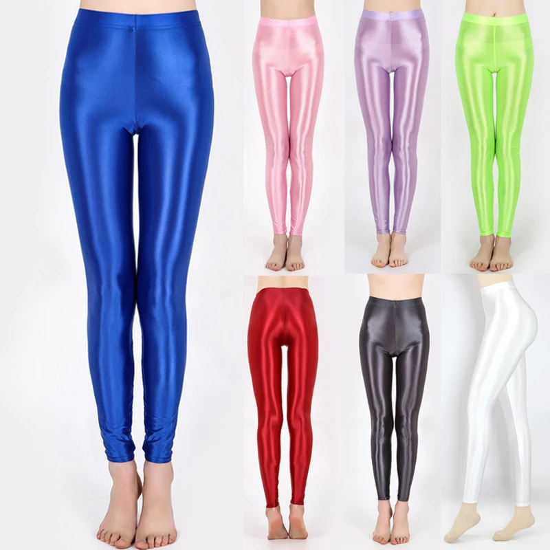 Women Gym Oily Gloss Nine-point Shiny High Waist Yoga Leggings Sexy Satin Glossy Workout Glitter Stockings Ballet Dance Pants