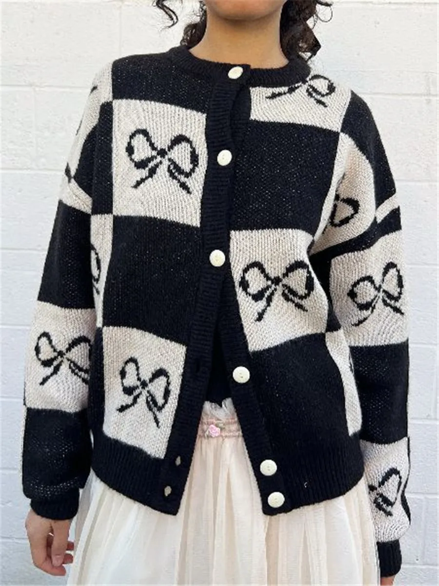 

Women Knit Cardigan Long Sleeve Bowknot Button Closure Fall Casual Jacket Sweater Female Sweet Autumn Knitwear for Streetwear
