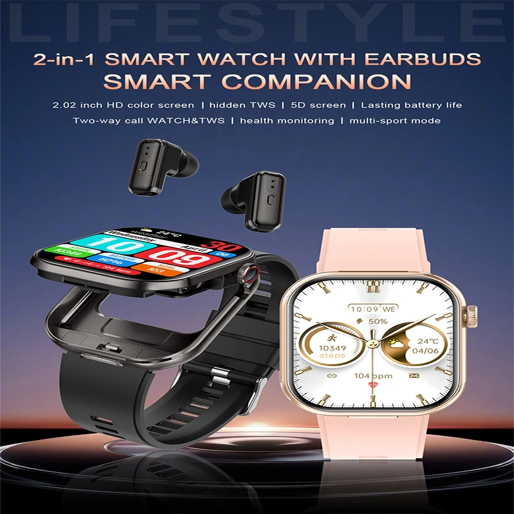 2026New 2-in-1 Smart Watch Women Featuring TWS Bluetooth Earbuds 2.02-inch HD Screen Blood Pressure Monitoring Smart Watch Men