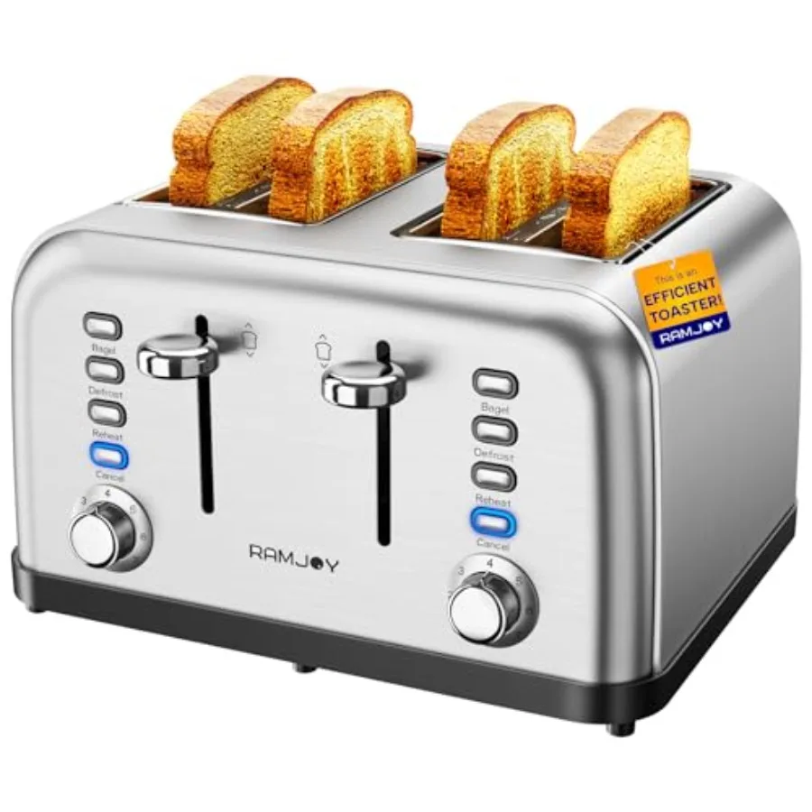 

4-Slice Toaster with Dual Independent Controls for Bagel Bread Waffles Extra Wide Slots 7 Shade Settings 4 Functions Removable