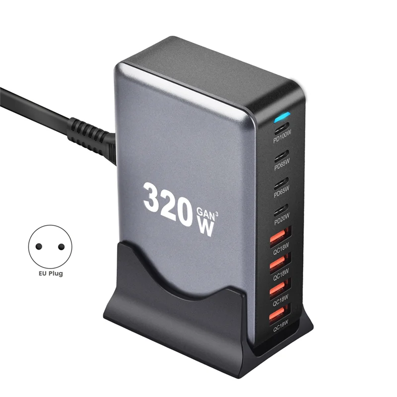 ABKI-320W Gan شاحن سطح المكتب 8-Port USB نوع C PD شاحن شحن سريع 3.0 USB نوع C شاحن سريع شاحن USB المحمول الاتحاد الأوروبي التوصيل