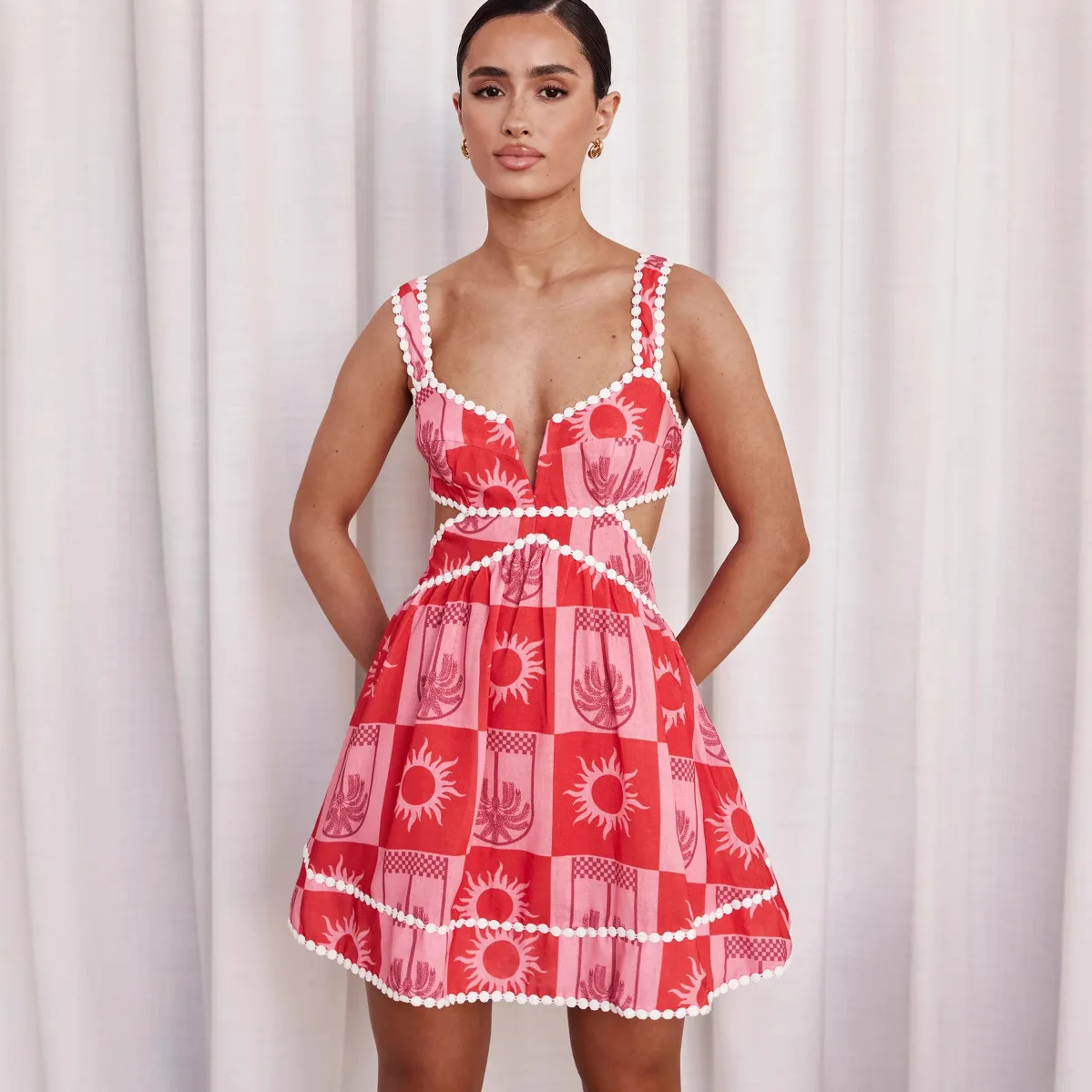 

Dots Patchwork Print Spaghetti Strap Mini Dresses Women Sexy Deep V-neck Hollow Out Backless Short Dress Vacation Style Vestidos