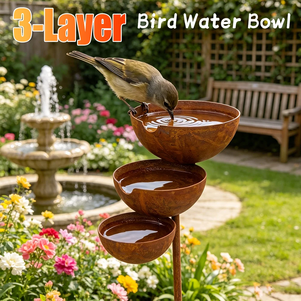 3-Layer Rain Catcher Bird Bath with Metal Stake Bee Water Station Bird Water Feeding Bowl for Outdoors Garden Yard Decoration