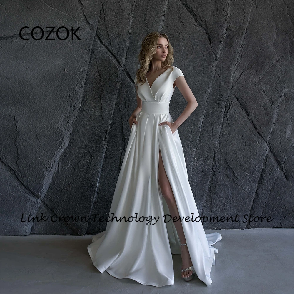 

COZOK Strapless Side Slit Ivory Wedding Dresses with Pocket 2024 Summer Satin Court Train Bridal Gowns Vestidos De Novia