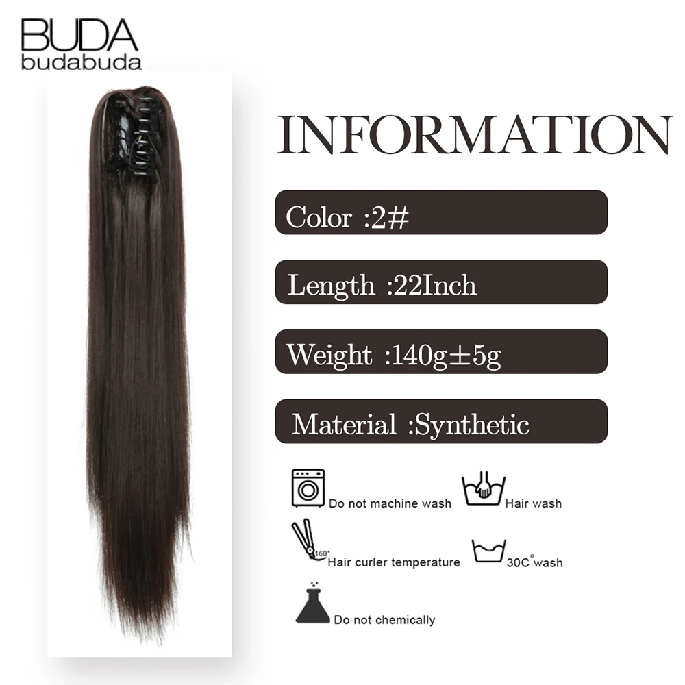 Budabuda 24Inch Long Straight Ponytail Hair Extensions For Women Synthetic Claw On Ponytail Hairpiece Black Blonde Brown