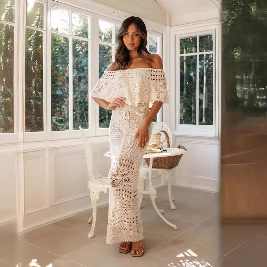 

2026 Women's New Style Elegant and Fashionable High-quality Casual Hollow Sexy One-line Collar Lace-up Shawl Women's Long Dress