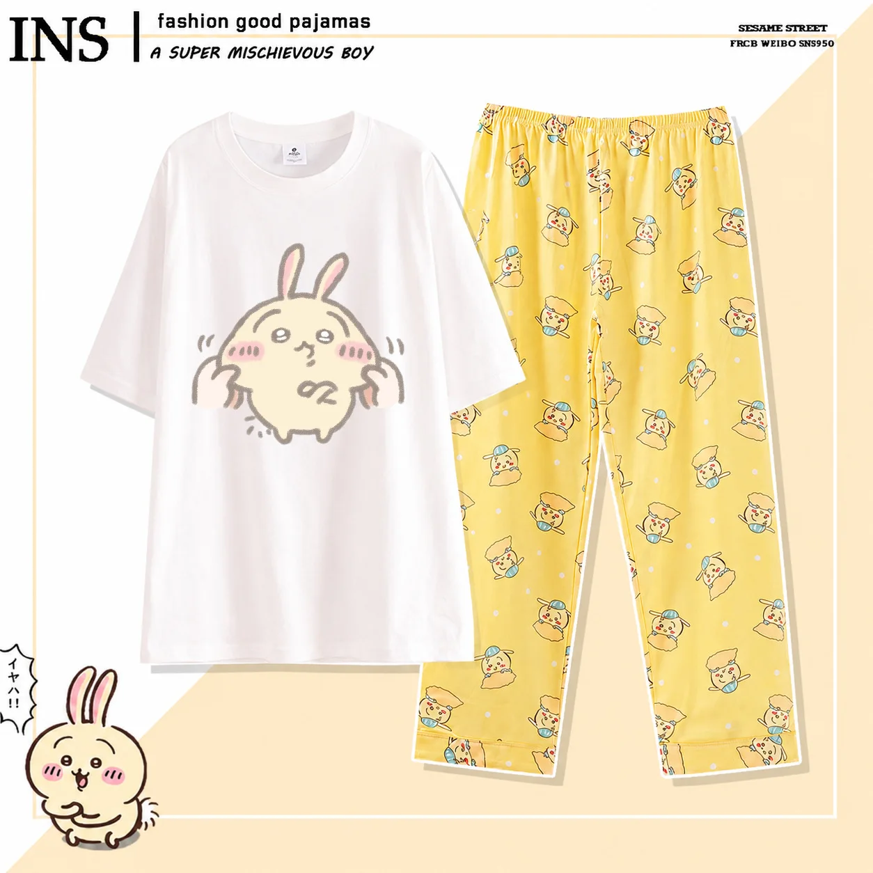 Kawaii Usagi Baumwoll-Pyjama-Set 2026 Niedliche Chiikawa Damen Hachiware Mädchen Nachtwäsche Kurzarm-Hose Locker Sitzende Cartoon-Hauskleidung
