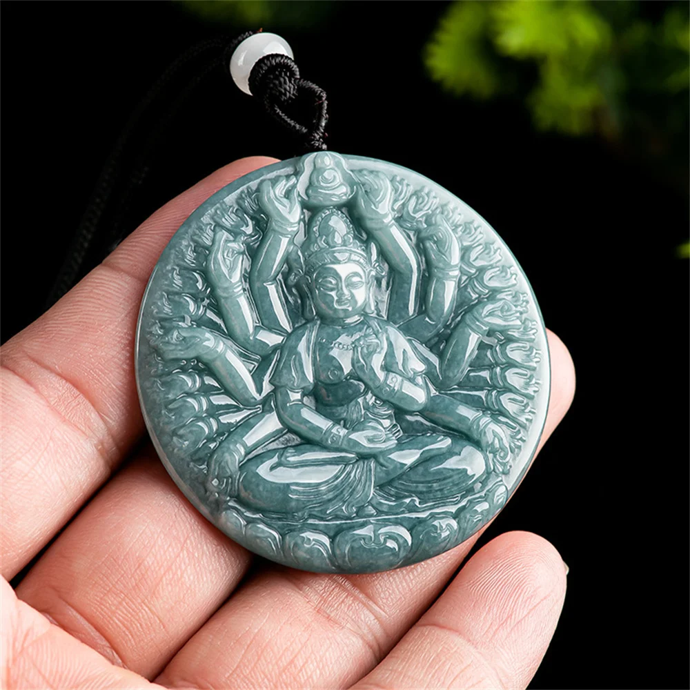 Trendy Natural Ice Green Jadeite Carved Thousand Hand GuanYin Pendant Amulet Necklace Certificate Luxury Jade Gift Jewelry