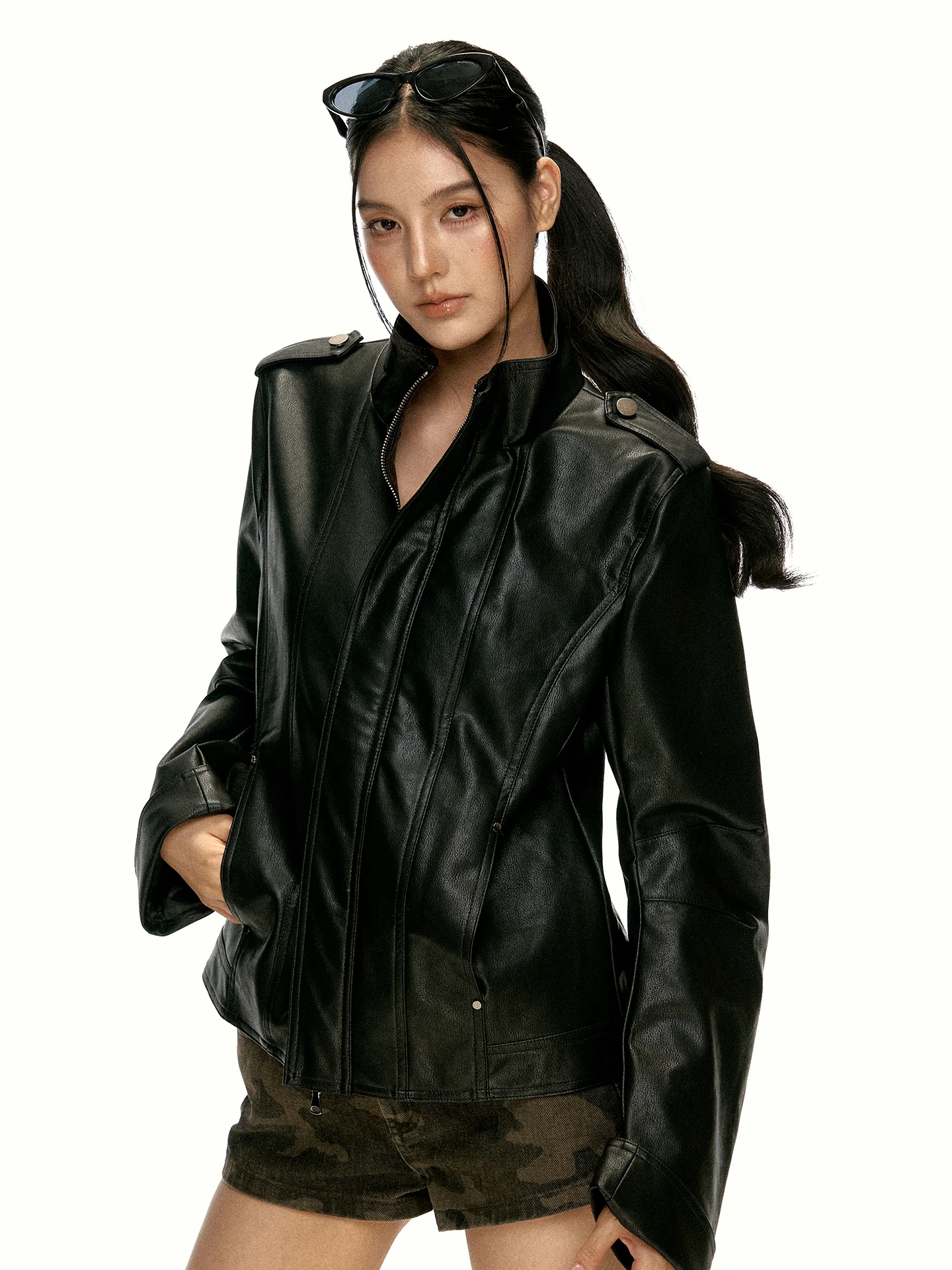 Black Retro Biker Style Women's Jacket Slim Fit Collar Double Button PU Leather Short Coat Casual Fashion Autumn Design