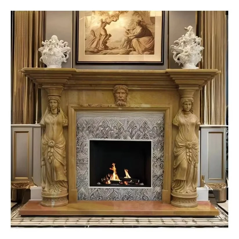 

Indoor Decoration Antique Yellow Marble Stone Fireplace with Statues for Sale