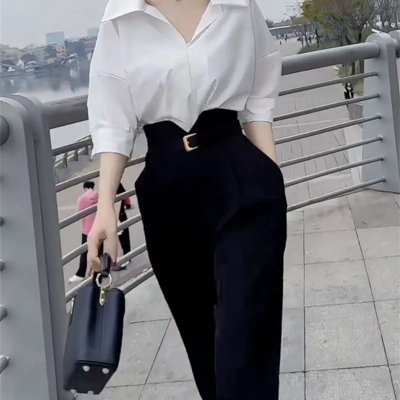 Internet Celebrity Street-exploding Style 2025 Spring New Age-reducing High-end Lapel Shirt Top with High-waisted Pants