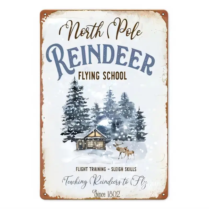 Vintage North Pole Reindeer Flying School Metal Sign, Rustic Tin Wall Art with Snowy Forest & Reindeer, Iron Decor for Christmas