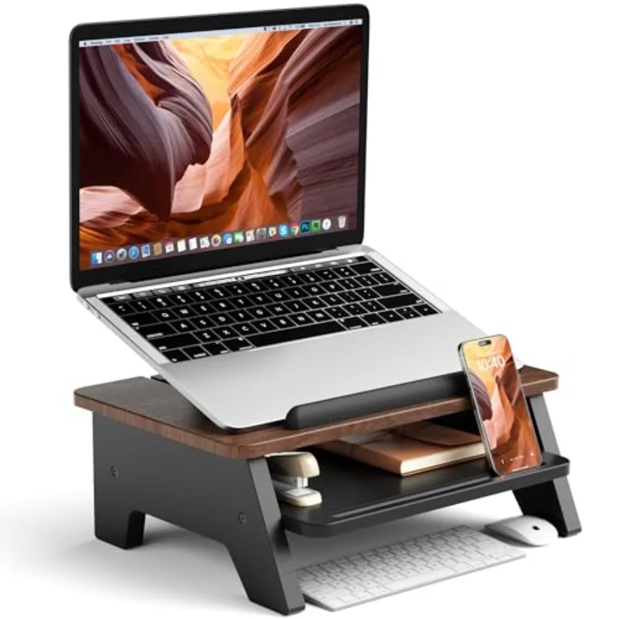 

2-Tier Laptop Stand for Desk Use Aluminum Alloy Black Adjustable Height Ventilated Cooling Design