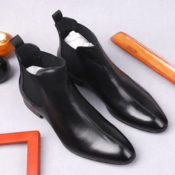 Men Genuine Leather Ankle Boots Without Lace Formal Shoes Type Dress Boot For Men Black Slip On Men's Cow Leather Chelsea Boots