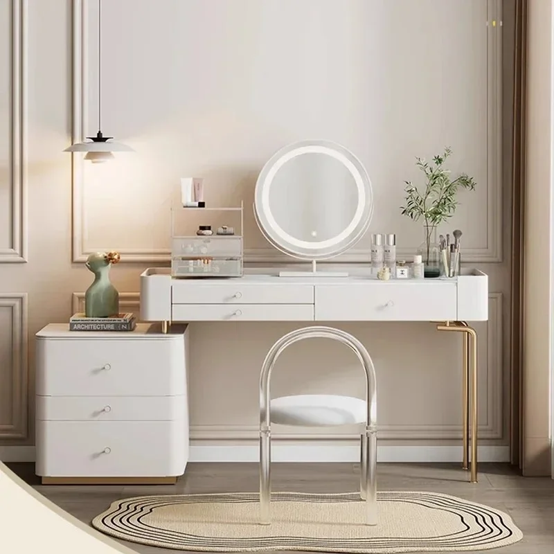 

Salon Storage Vanity Table Living Rooms Beige Organizer Makeup Dresser Luxury Space Saving Comfortable Muebles Trendy Furniture