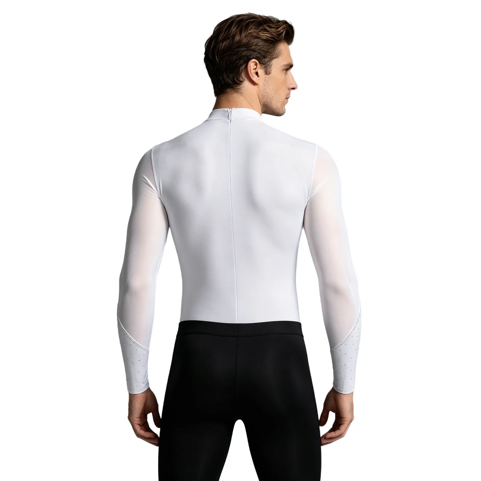 Herren Gymnastik Latin Ballett Tanz Performance Eiskunstlauf Kostüm Glitzer Strass Mesh Trikot Overall Bodysuit Shirts – Detail 5