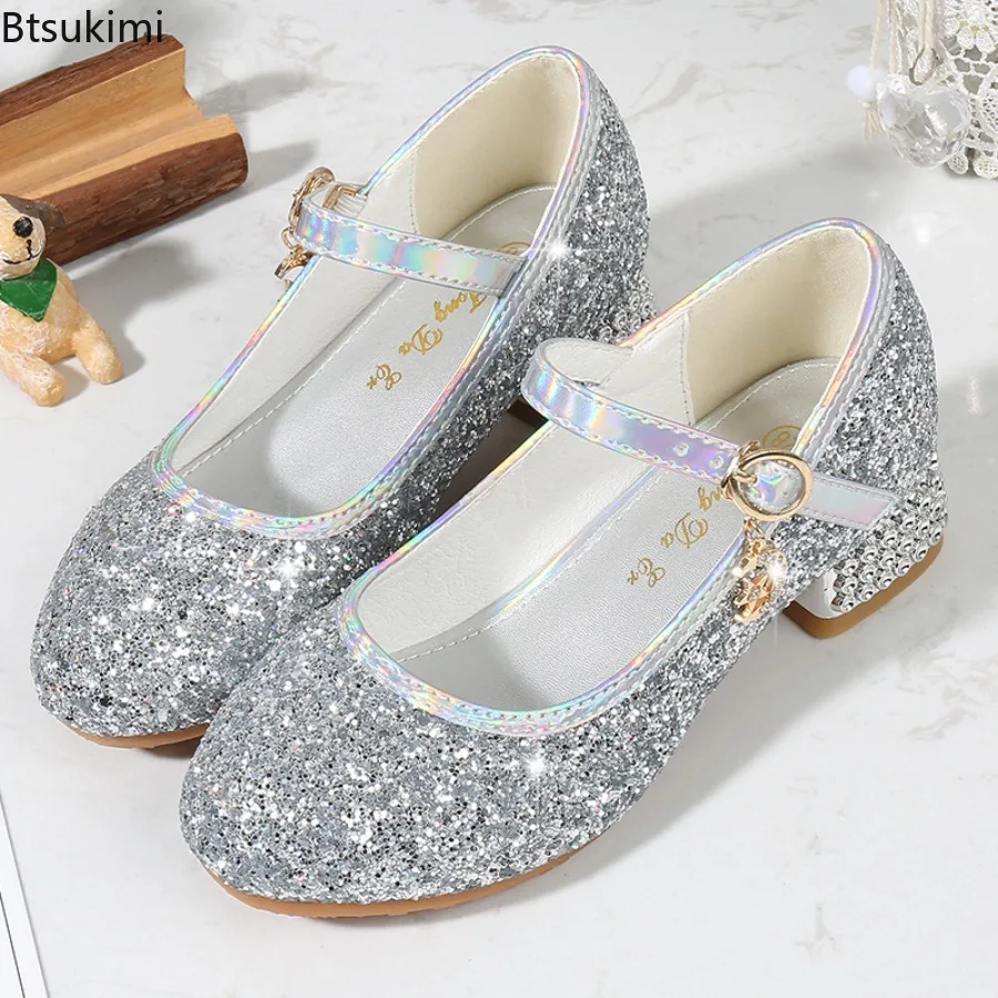 2026 Children's High Heels Fashionable Piano Runway Performance Shoes Girls' Leather Shoes Princess Shoes Sequined Single Shoes