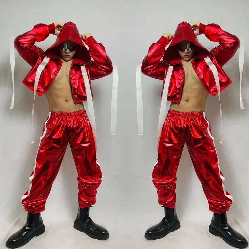 Bar Nightclub Dj Gogo Costume Men Red Hip Hop Hoodies Coat Pants Male Stage Pole Jazz Dancer Clothes Outfit Clubwear XS5956