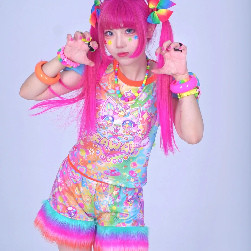 ญี่ปุ่นใหม่พิมพ์สัตว์ที่มีสีสันผู้หญิงเสื้อยืดOriginal Design 2025 ฤดูร้อนหลวมSlimming Fluffy Splicingกางเกงขาสั้นสุภาพสตรี