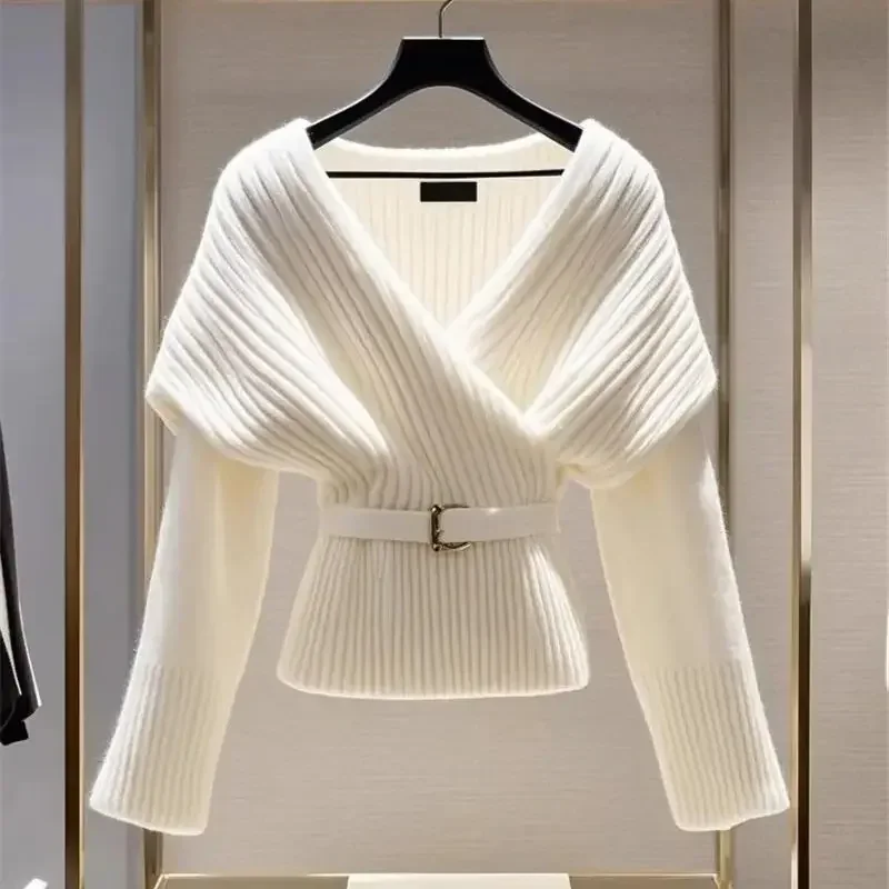 

Fashion Sexy Design Cross V-neck Long Sleeve Slim Pullover Tops Knitwear New Luxury Wool Knitted Women's Sweater High Quality
