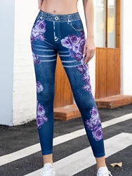 New High-waisted Elastic Imitation Denim Fashion Printed Leggings For Women Wearing Spring And Autumn Thin Nine-point Pants