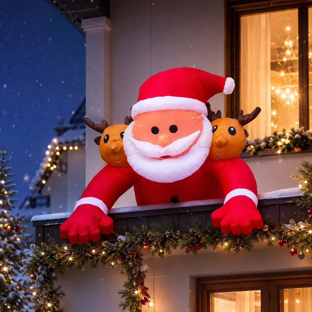1.8M Christmas Inflatable Santa Claus With Reindeer Climb Over Railing Built‑in LED Light Outdoor Yard Garden Xmas Holiday Decor