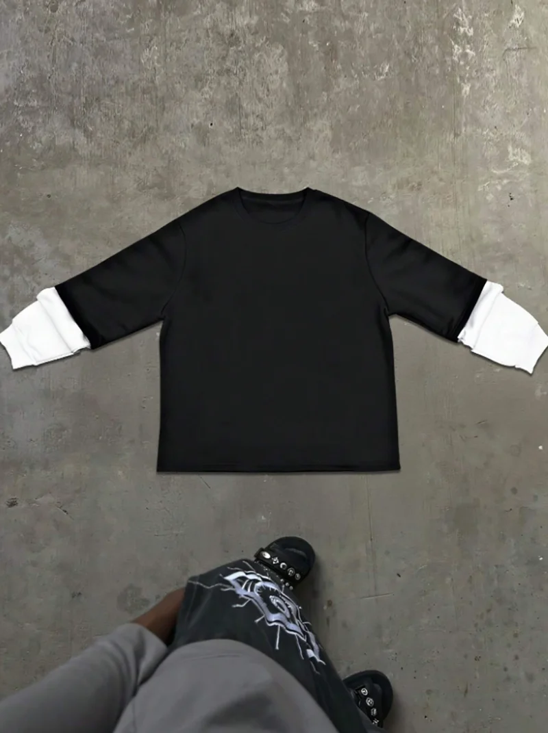 

Осенне-зимний мужской черно-белый лоскутный топ с длинными рукавами из двух частей, простой и модный однотонный повседневный свитшот с манжетами контрастного цвета, свободный короткий стиль, свободный крой