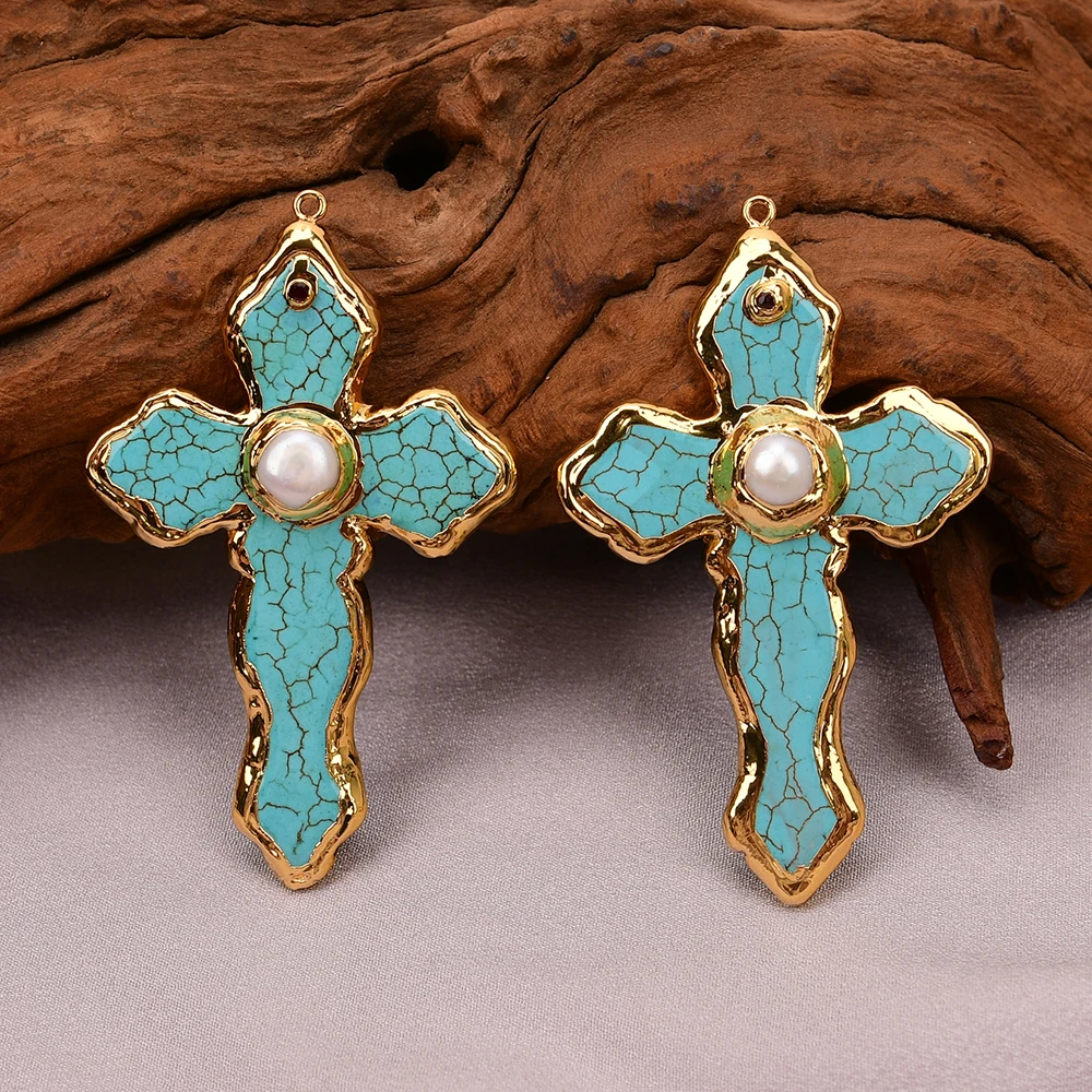 APDGG No042 2 Pcs Big Blue Stone Turquoise White Keshi Pearl Crucifix Charms Pendant view 4