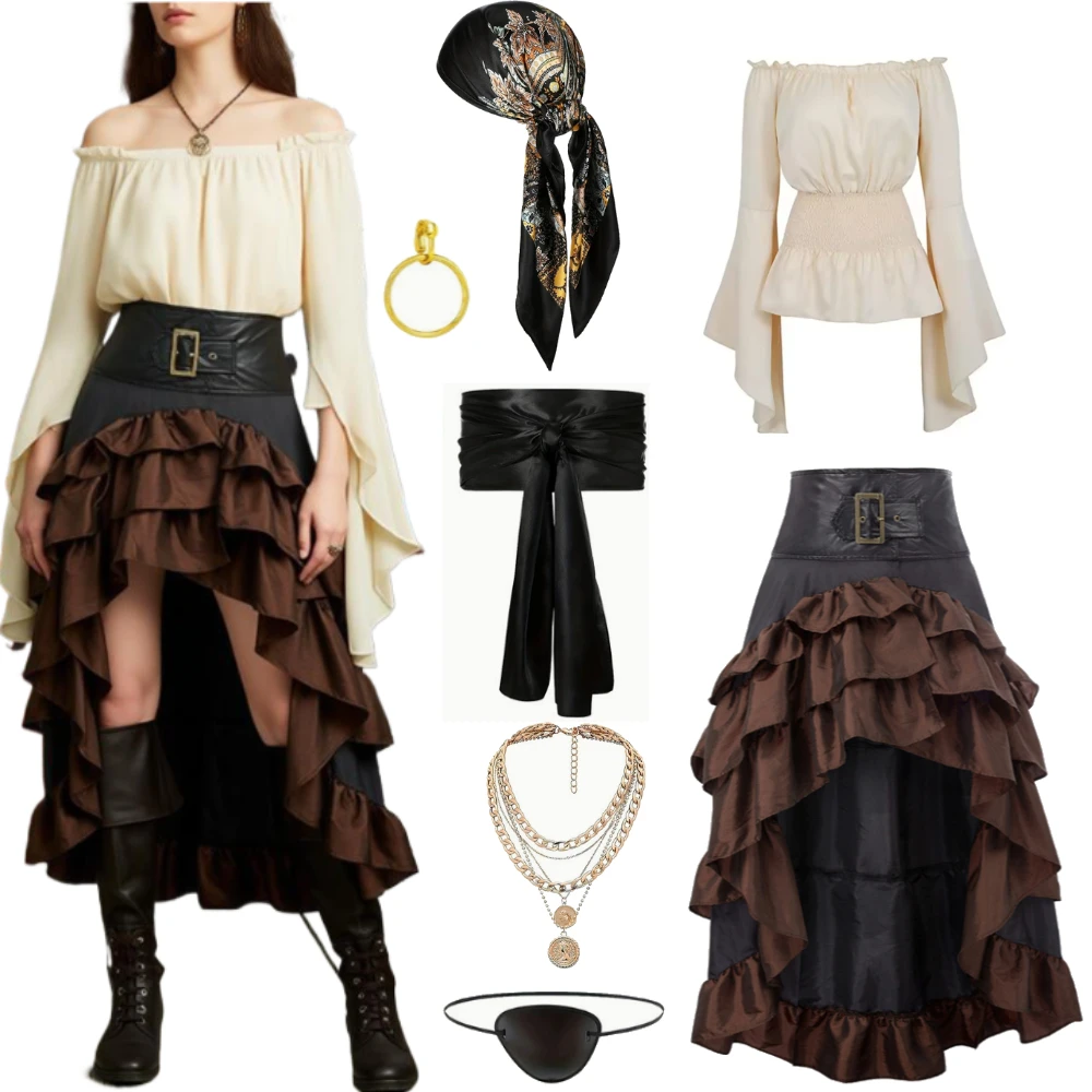Disfraz de corsario pirata de 7 piezas para mujer, conjunto de falda y top steampunk, accesorios piratas, cinturón, disfraz completo de Halloween